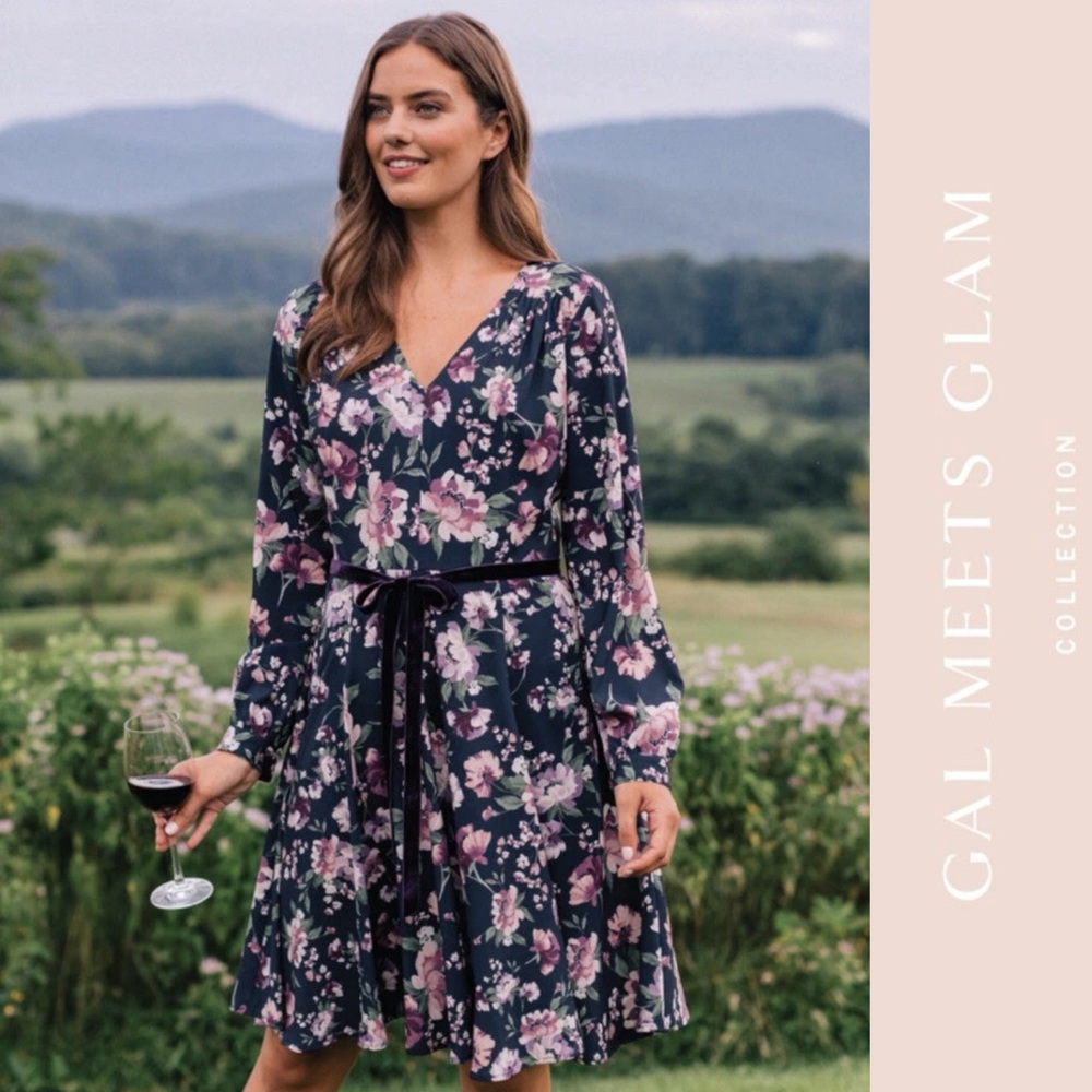 NWT Gal Meets Glam Navy and Pink Floral Long Sleeve Dress, Size 8, MSRP $178